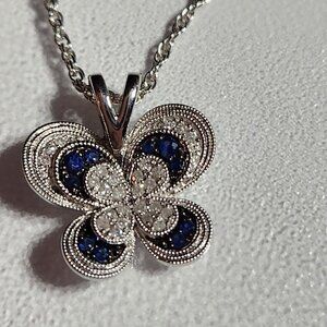 Blue Sapphire White Diamond Sterling Silver Butterfly Pendant